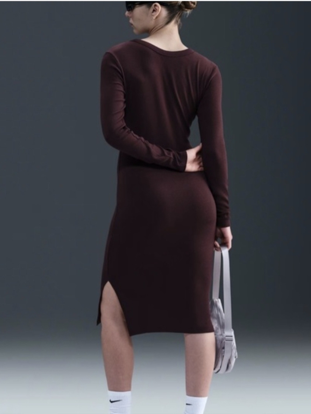 Nike Sportswear Chill Knit Ribbed Long Sleeve Midi Dress NWT Med Burgundy Crush - Picture 4 of 14